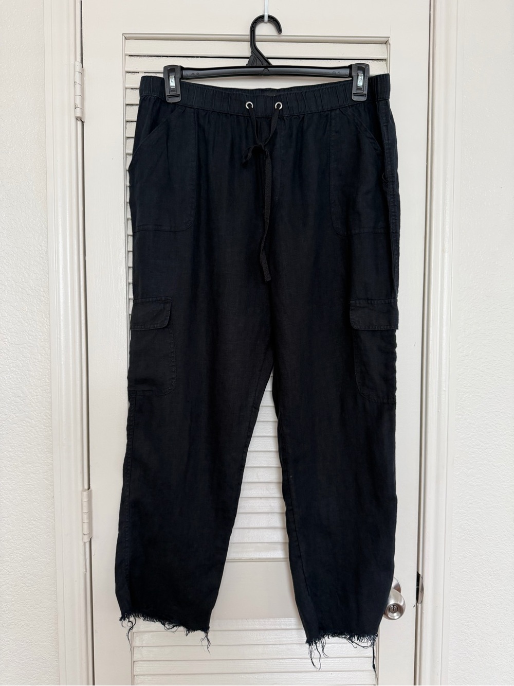 Nicole Miller 100% Linen Cargo Pants Size XL Black Cut Raw Hem Drawstring Casual